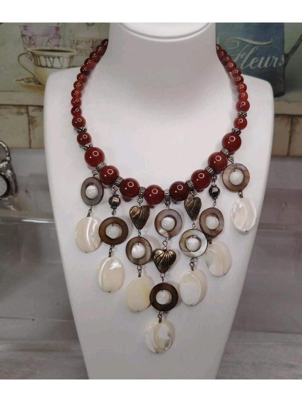 STUNNING Carnelian Mother Of Pearl & Shell Waterfall Necklace 16"